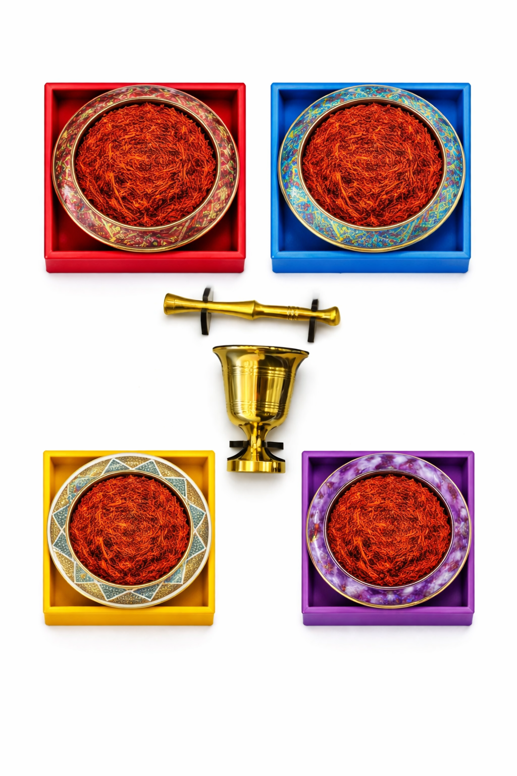 Luxury Saffron Gift Set with Brass Mortar – Super Negin Saffron مجموعة هدايا الزعفران الفاخرة مع هاون نحاسي – زعفران سوبر نگین