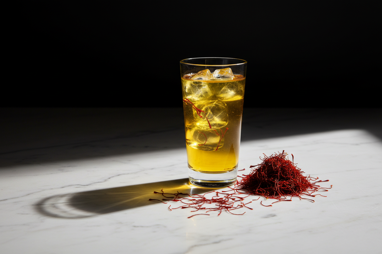 Saffron Banner — Red Threads & Golden Drink